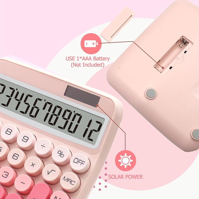 Gradient Pink Calculator, Big Button Calculator with Large LCD Display | Gradient Pink Calculator for Desk , Solar Calculator Powered by two Modes, Pink Desk Accessories