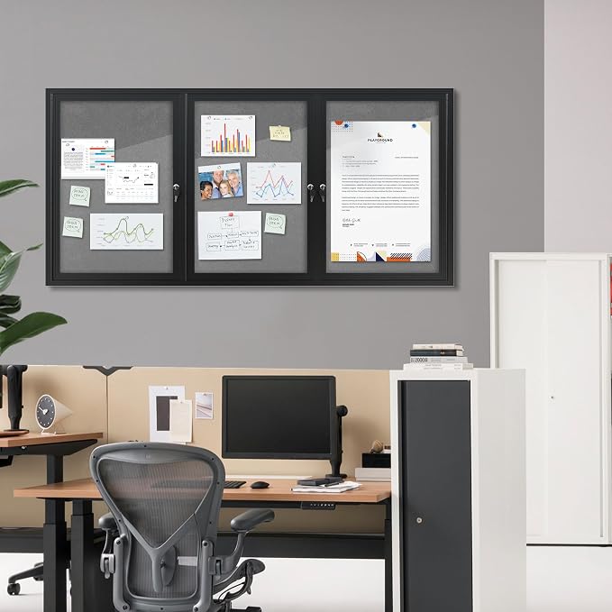Mifuro 70"x34" Enclosed Bulletin Board, Outdoor Lockable Weather-Resistant Aluminum Cork Noticeboard for School & Office, Black Frame w/Grey Flet