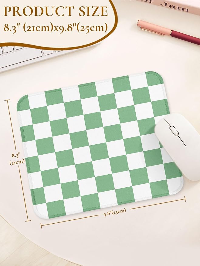 Square Cute Checkered Mouse Pad with Stitched Edge, Premium Waterproof Cloth Aesthetic Small Plaid Mouse Mat, Non-Slip Rubber Base Funny Mousepad Desk Accessories,Checkerd Green White