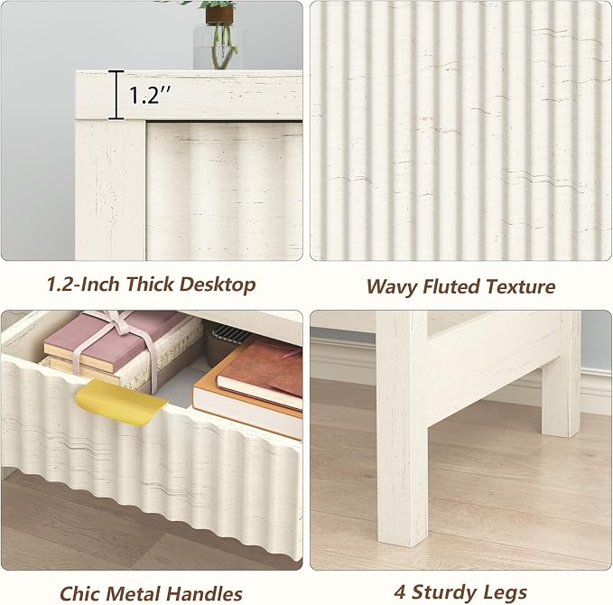 32 Inch Small Fluted Computer Desk with 2 Drawers & Stool for Bedroom | Vanity Desk with Stool, White Computer Desk with Storage, Compact Writing Study Table for Small Spaces