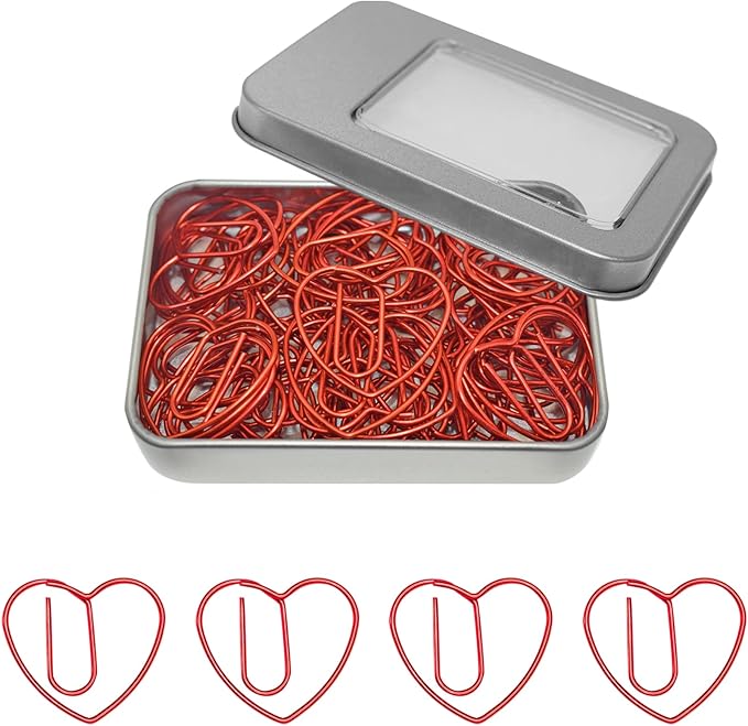 Heart Paper Clips with Metal Paper Clips Holder, Cute Love Heart Paperclips, Wedding Invitation Accessories (Red,50 PCS)