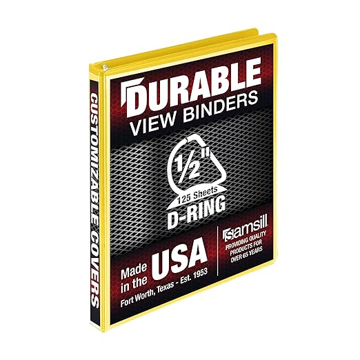 Samsill Durable 0.5 inch 3 Ring Binder, D Ring Binder, 100% Recycled Chipboard, Yellow
