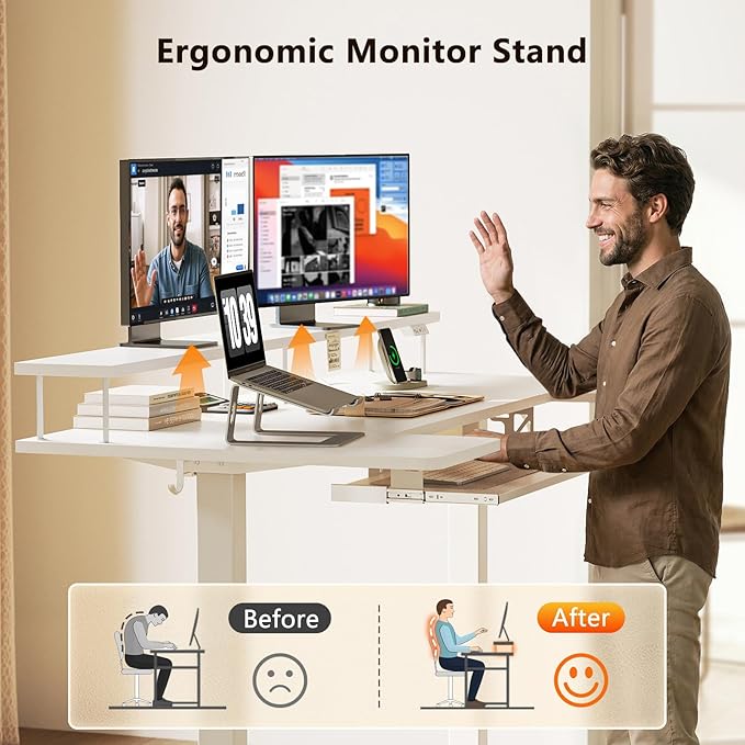 63 Inch U Shaped Electric Standing Desk with Keyboard Tray, White | Power Outlet, Monitor Stand, LED Light, 3 Presets, 28.3"-46.5"in Range, 154 lb Capacity