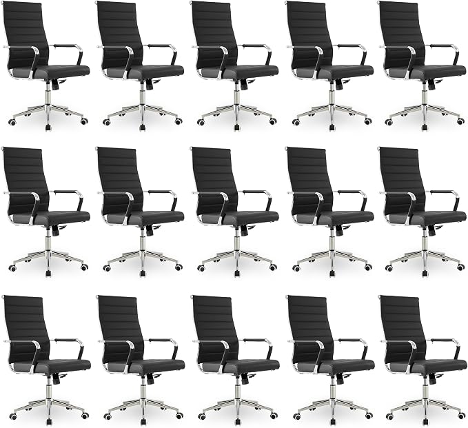 Okeysen Office Desk Chair, Ergonomic Leather Modern Conference Room Chairs, Executive Ribbed Height Adjustable Swivel Rolling Chair for Home Office Set of 15. (Black)