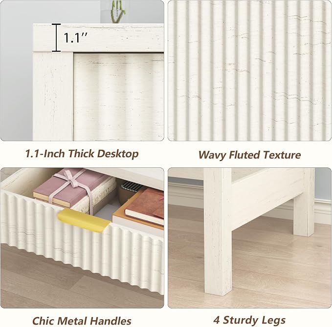 47 Inch Small Fluted Computer Desk with 2 Drawers for Bedroom, Home Office | Small Computer Desk with Storage for Bedroom, Compact Writing Study Desk for Small Spaces, Warm White