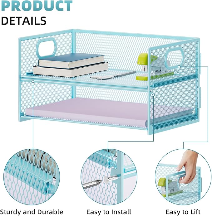 Marbrasse 2 Tier Paper Organizer Letter Tray, Mesh File Organizer with Handle, Paper Sorter Desk Organizer for Home Office Supplies - 2P Blue