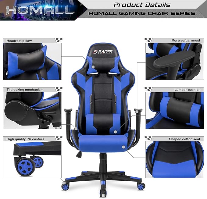 Homall Gaming Chair, Office Chair High Back Computer Chair Leather Desk Chair Racing Executive Ergonomic Adjustable Swivel Task Chair with Headrest and Lumbar Support(Blue)