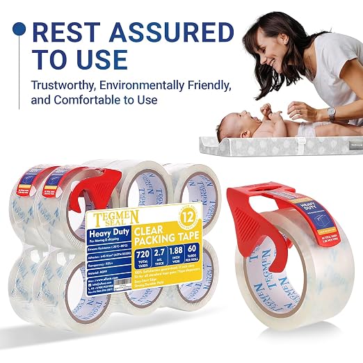 Heavy Duty Clear Packing Tape with Dispenser Combo for Shipping, Moving & Storage,Thicker Clear Packing Tape, 1.88 inches Wide, 60 Yards Per Roll, 12 Pack 720 Total Yards