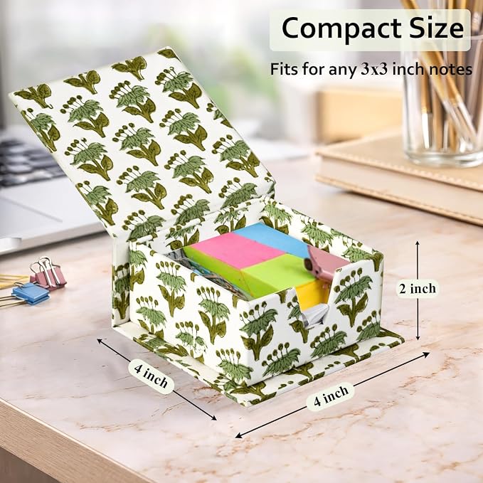CPC Emerald Green Block Print Cotton Desk Organizer Sticky Note Holder | Cute, Aesthetic, Decor Accessories, Workspace Organizers, Caddy Storage, Gift for Office, Professionals, Student