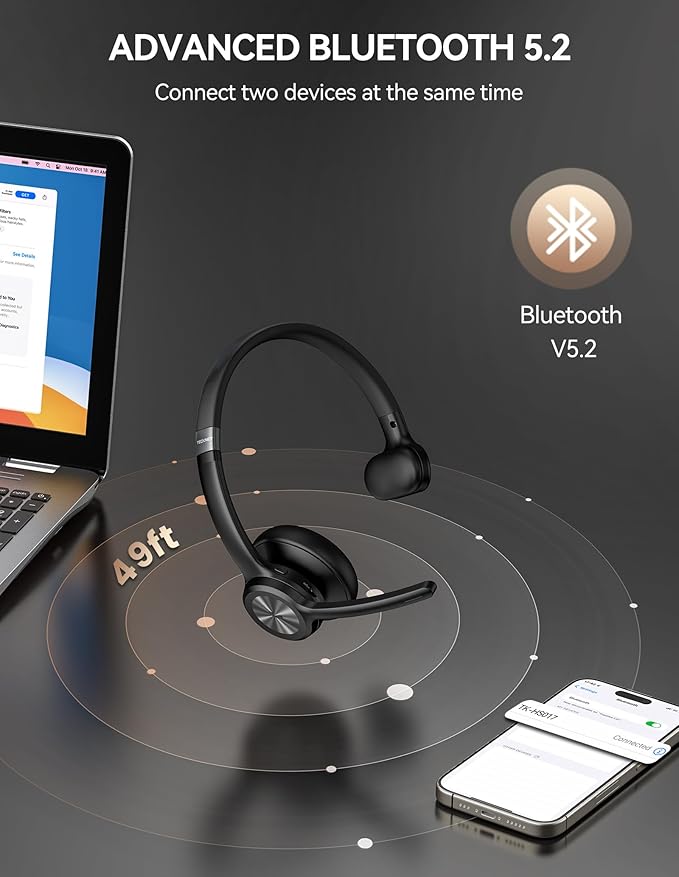 TECKNET Trucker Bluetooth Headset, Wireless Headset with Mic for Work, V5.2 Bluetooth Headphones with AI Noise Cancelling Microphone, 60H Battery, On-Ear Headphones for Call Center, Office, Drivers
