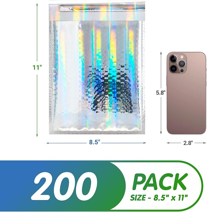 Glamour Metallic Bubble Mailers 8.5 x 11 Inches Hologram, 300 Pack Padded Envelopes for Shipping, Mailing, Packaging Protection