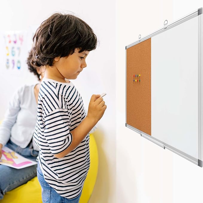 Comix Cork Board Magnetic Dry Erase Board Combo, 24 x 18 Inches Whiteboard and Bulletin Board Combination, Aluminum Frame Vision Board with 4 Dry Erase Markers, 4 Magnets, Eraser, Push Pins | Magnetic whiteboard & bulletin Board combo, contains 4 marke...