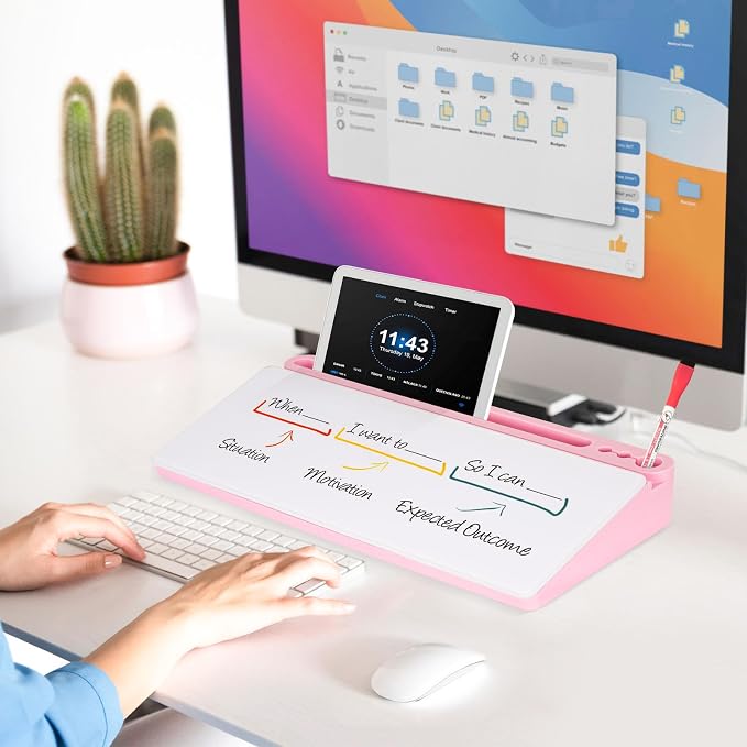 DOLLAR BOSS Glass Desk Whiteboard Small Dry Erase Board, Pink | Desktop White Board with Storage Drawer, Computer Keyboard Stand, Desk Organizer, Office Supplies, With Markers, Eraser
