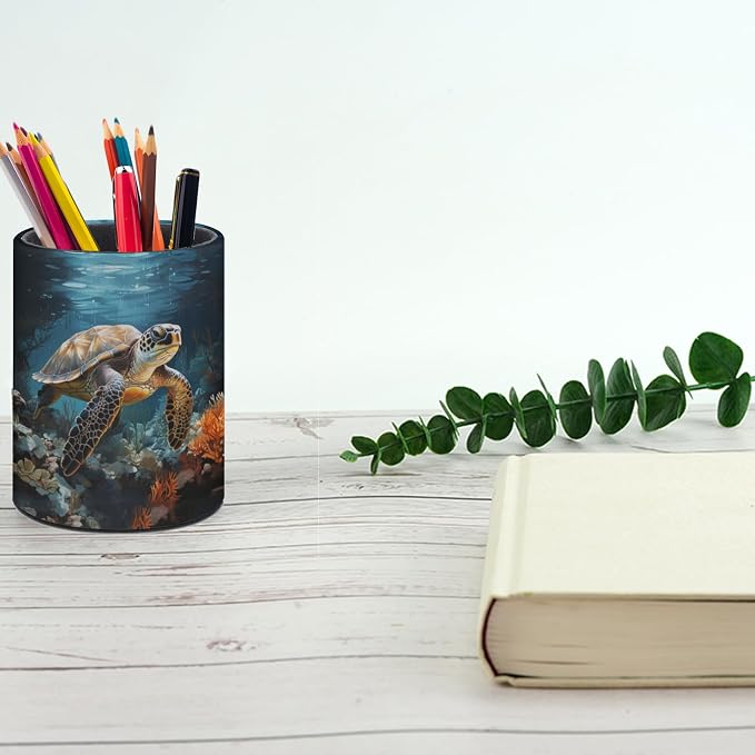 Sea Turtle Pen Holder Pencil Cup for Desk Organizer | Cute Makeup Brush Holder PU Multifunctional Office Suppliesfor Decor Home Classroom School