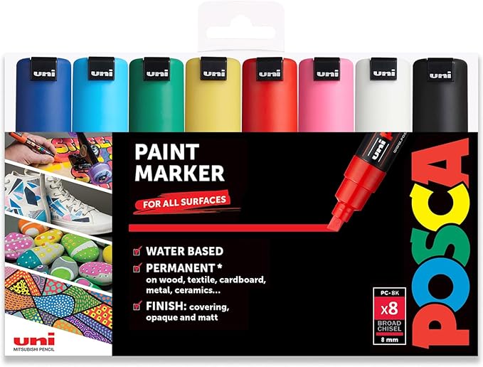 posca Acrylic Paint Markers, 8K Broad Bold Thick Chisel Tips, Artist Recommended Pens for Coloring Gifts, Fabric, Canvas, Glass, Wood or Metal, Set of 15