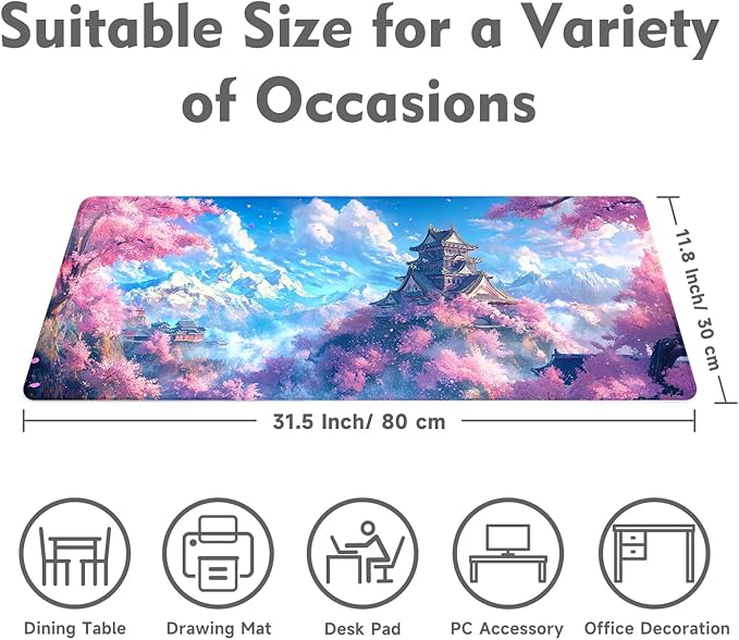 Desk Mat Mouse Pad Gaming Desk Pad XL Large Mouse Mat Office Decor Accessories (Cherry Blossom Ancient Buildings)