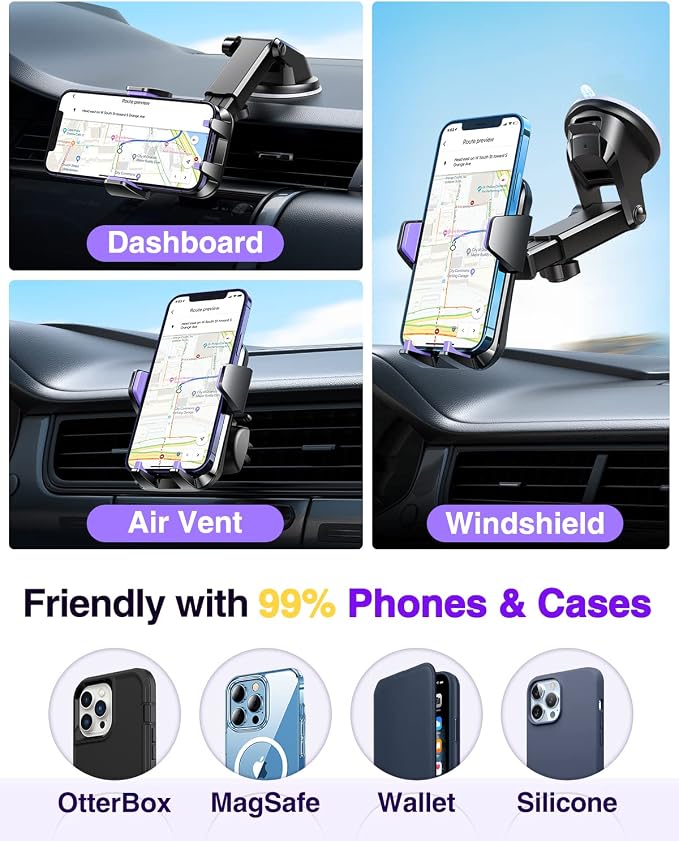 VANMASS【85+LBS Strongest Suction & Military-Grade Ultimate Car Phone Mount | 【Patent & Safety Certs】 Cell Phone Holder for Dash Windshield Vent for iPhone 17 Pro Max Automobile Interior Sets,Purple