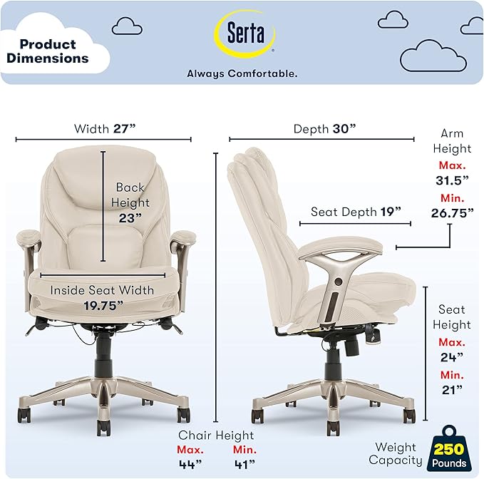 Serta Claremont Executive Office Chair with Back-In-Motion Technology, Ergonomic Mid-Back with Pivot Lumbar Support and Seat, Plush Cushion, Body Pillows, Adjustable Arms, Bonded Leather, Ivory White
