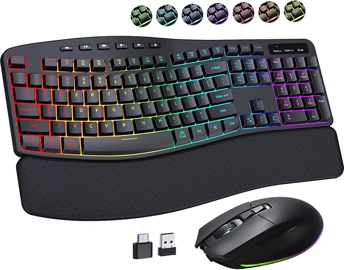 RGB Wireless Keyboard Mouse Combo with Ergonomic Wave, Silent Rechargeable | Soft Leather Wrist Rest, Light up Letter, 15 Lighting RGB Backlit, 3200 DPI 2.4G Mouse for PC Computer Laptop Windows Mac