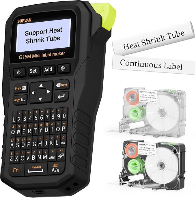 SUPVAN G15M Mini Portable Label Maker Machine with Heat Shrink Tube | Heat Shrink Tube & Multiple Label Types, Rechargeable, Minimal Margin, LCD Backlit, Thermal Transfer, Home, Garage, Outdoor