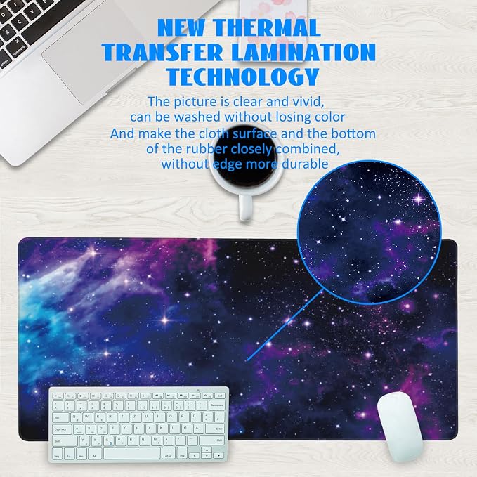 Desk Mat, Galaxy Nebula Universe Space Extended Gaming Mouse Pad Large, Big Mouse Pad with Non-Slip Base and Stitched Edge, Long Computer Keyboard Mouse Mat for Home Office