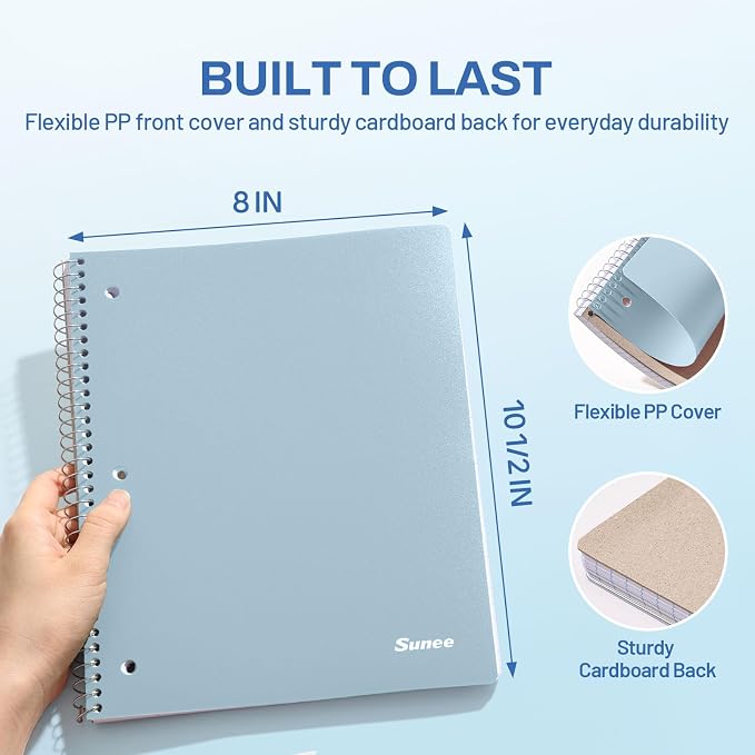 SUNEE Spiral Notebook, 1-Subject, Wide Ruled Paper, 8" x 10-1/2", 100 Sheets per Notebook, 3-Hole Punched Paper, Water Resistant Cover, Double-sided Pockets, Grey Blue