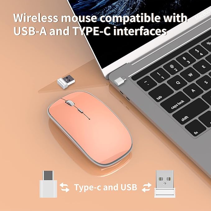 Wireless Mouse Chargeable Portable Silent USB-A and USB-C Dual Mode Wireless Mouse 3 Adjustable DPI for Laptop, Mac, Android, PC (Q23S Orange)