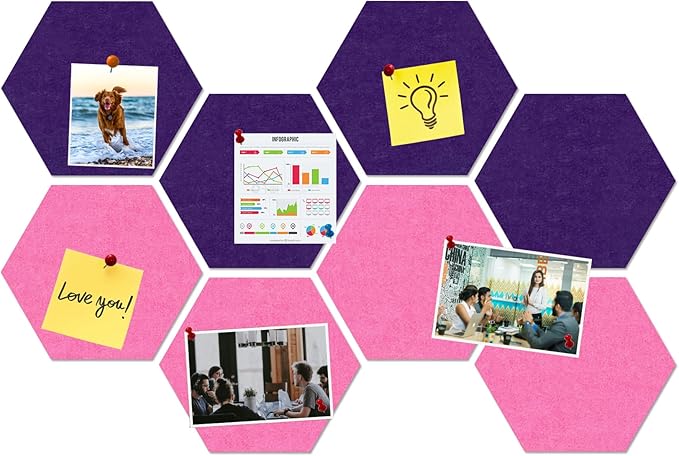 Large Hexagon Felt Cork Board Tiles, Self Adhesive DIY Felt Bulletin Board Pin Board with 35 Pushpins for Office School Home Wall Decor Stickers Memos Photos Display(Purple+Pink)