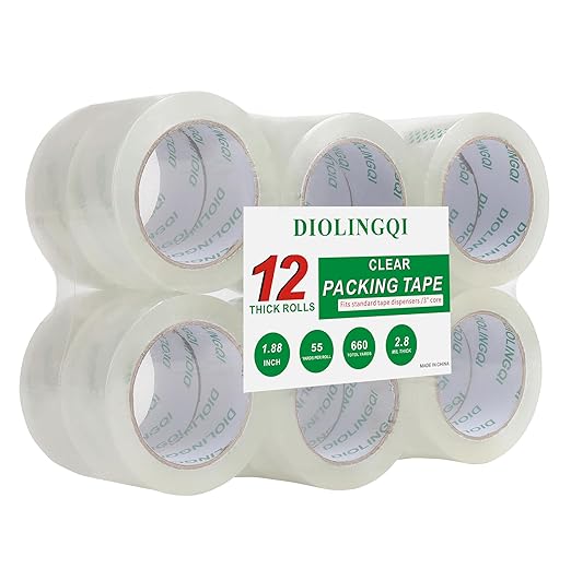12 Rolls 55 Yards Roll, Total 660 Yards Clear Packing Tape, Heavy Duty Shipping Tape for Packaging Moving Sealing, 2.8 mil Thick, 1.88 inches Wide