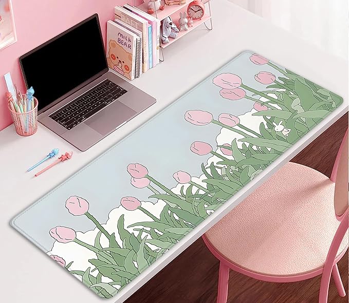 Tulip Flower Mouse Pads,Pink Mouse Pad for Woman,Large Desktop Mat for Keyboard and Mouse,XL Mousepad for Home Work Game(27.5X11.8 in)