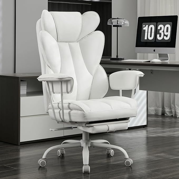 Big and Tall Office Desk Chair -Wide Ergonomic Executive with Footrest, High Back Lumbar Support Reclining Gaming Computer Chair for Heavy People (White)