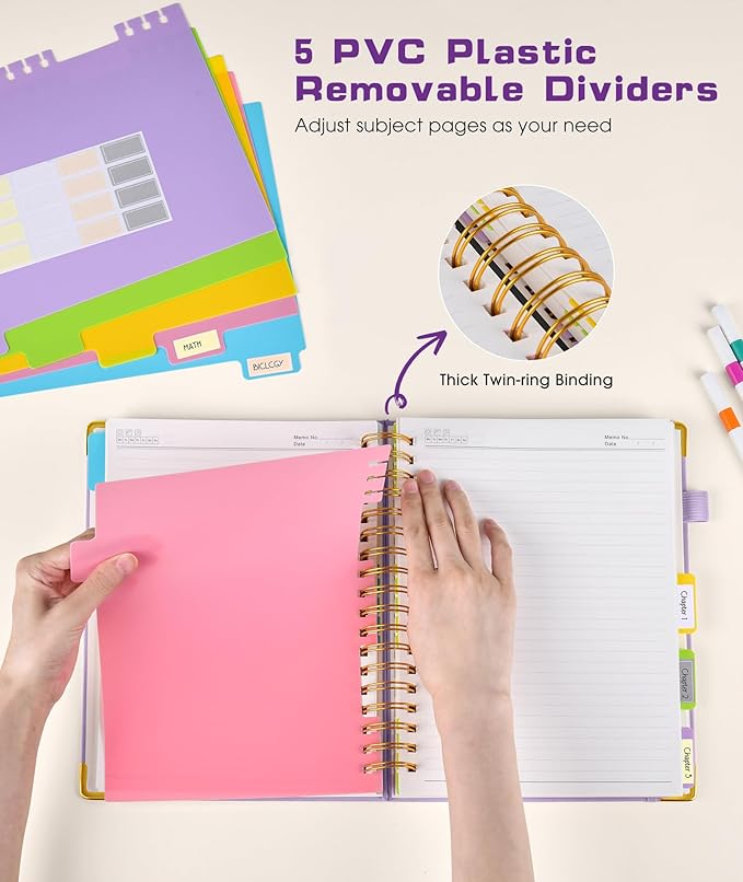 Hardcover Spiral Notebook 8.5"x11" Journal with Removable Dividers Tabs, 300 Pages Leather 5 Subject Notebook College Ruled, Large A4 Notebooks for Work School, Lined Journal for Women, A4 Purple