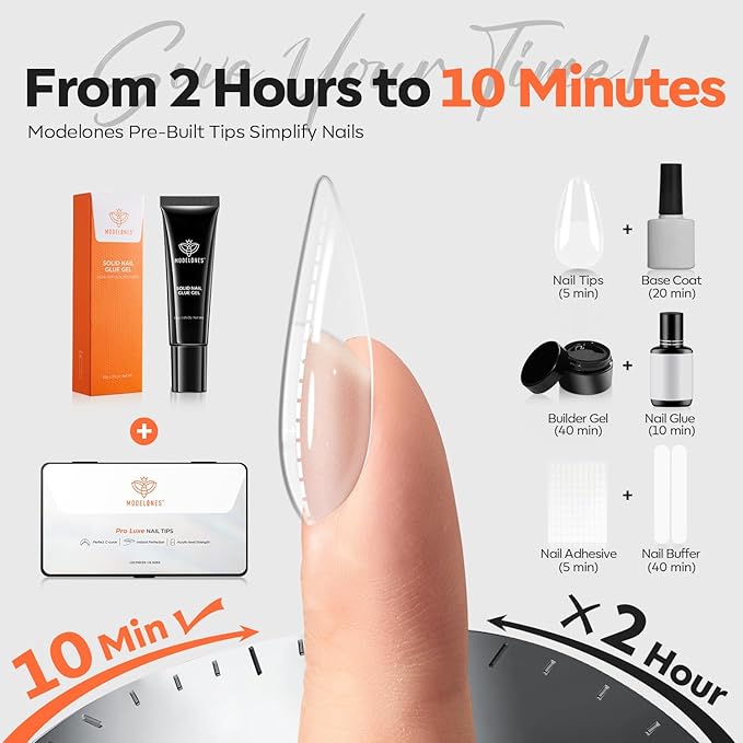 modelones Pro Luxe Instant Nail Apex Tips 15 Sizes, Medium Almond Extension Gel Tips Pre-building & Pre-etched Thicker Strength Acrylic Fake Nails Full Cover 120 Pcs