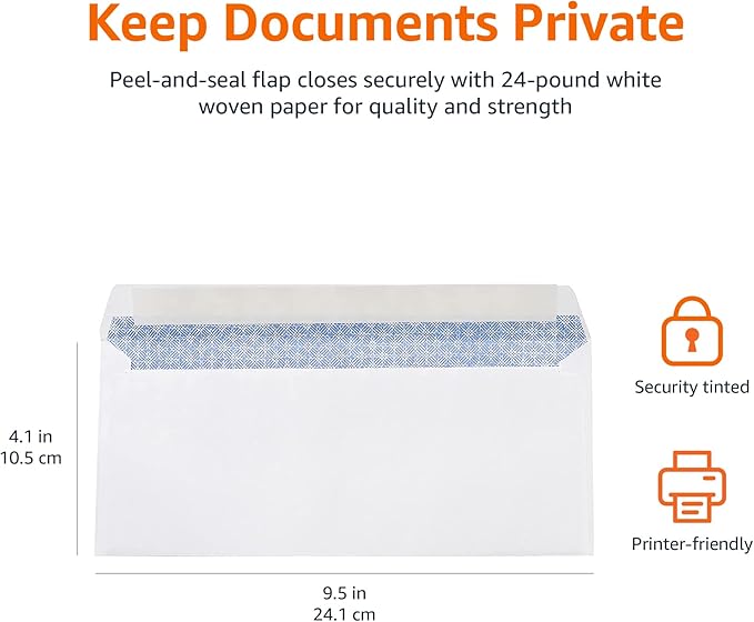 Amazon Basics #10 Security-Tinted Self-Seal Business Envelopes for Documents, Privacy, Home & Office, White, 500-Pack