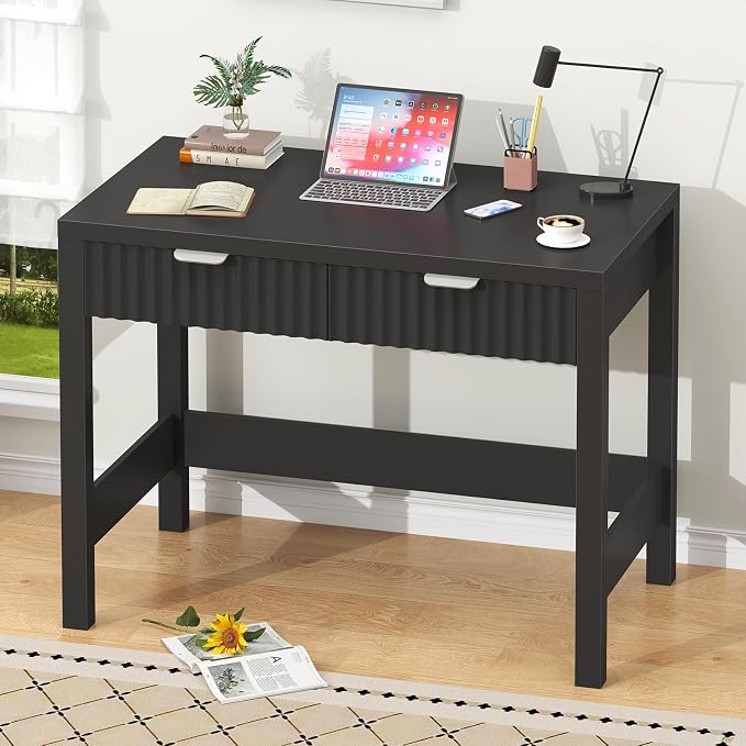 32 Inch Small Fluted Computer Desk with 2 Drawers for Bedroom, Home Office | Small Computer Desk with Drawers, Compact Writing Study Desk Storage for Small Spaces, Black