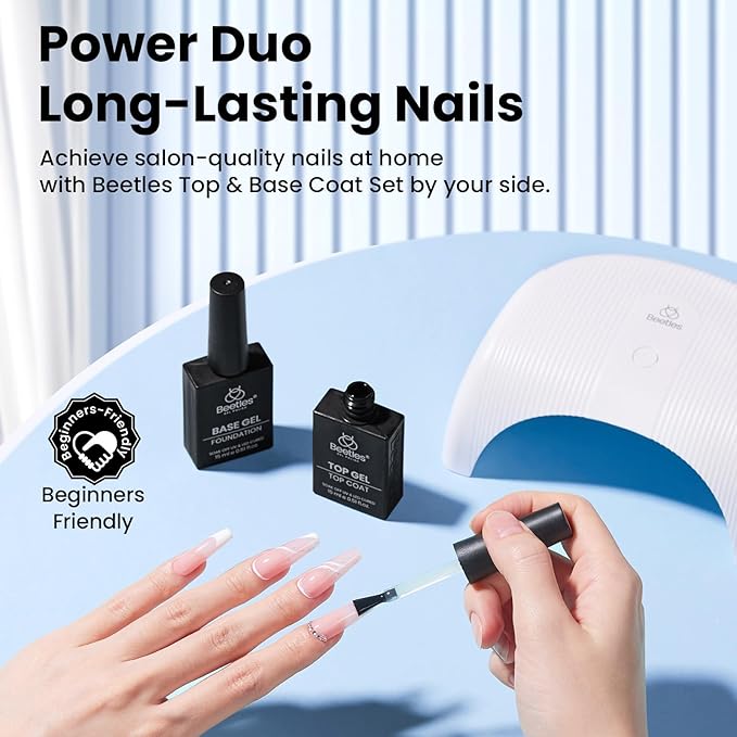 Beetles No Wipe Gel Top Coat and Base Coat Set for Gel Nail Polish - 2Pcs 15ml Super Shiny and Long Lasting Soak Off UV/LED Lamp Nail Art Design Gift