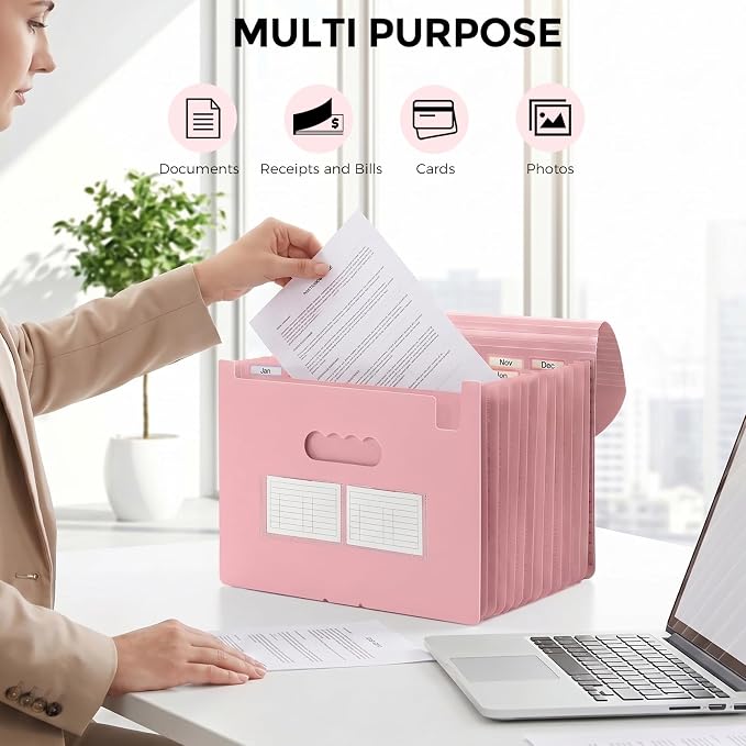 SKYDUE Accordion File Organizer, Expanding File Folder with 13 Pockets, Portable Document Paper Bill Receipt Organizer, Home School Pink Office Supplies, Letter A4 Size
