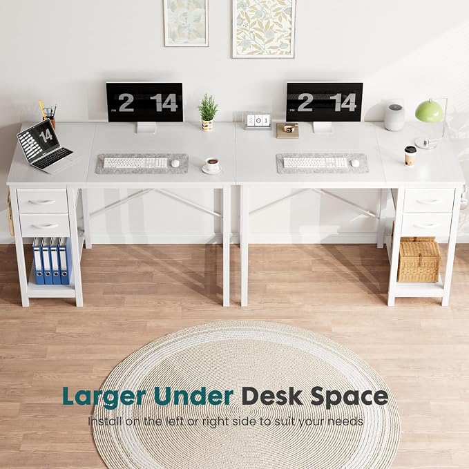 Sweetcrispy 47-Inch Computer Desk with Drawers, Office Desk, White | Small Desk for Bedroom Home Office with Side Hook, Modern Simple Desk with Storage for Writing