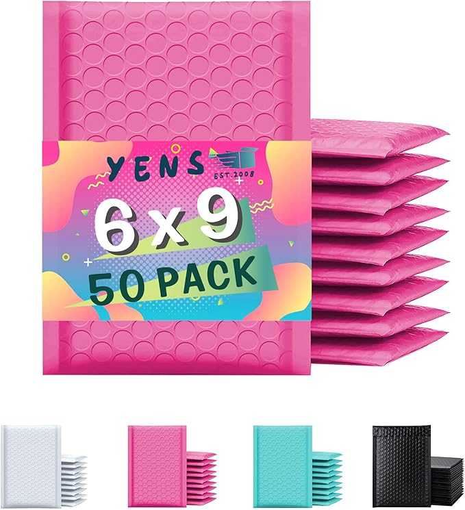 Yens Color Bubble Mailers, Self-Sealing Padded Shipping Envelopes, Water-Resistant, Multiple Colors, for E-commerce and Business Mailing (Hot Pink, 6x10-50 pcs)