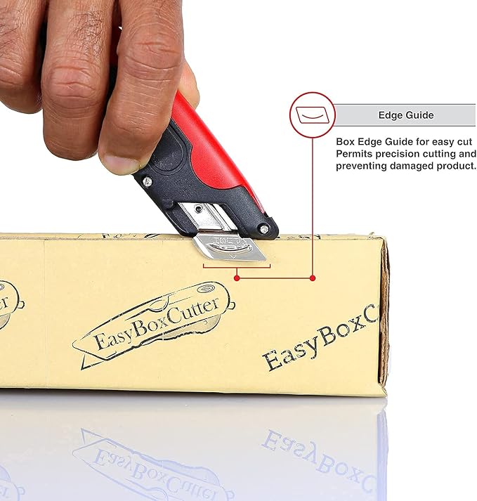 Modern Box Cutter, Extra Tape Cutter at Back, Dual Side Edge Guide, 3 Blade Depth Setting, 2 Blades and Holster - 2000 Red STD