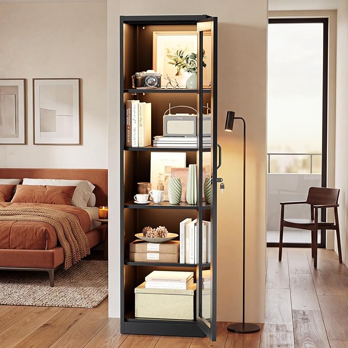 VINGLI Lockable Display Cabinet with Glass Door & 4 Adjustable Shelves, 65" Tall Metal Storage Cabinet Curio Liquor, Bookshelf Bookcase for Home Office Living Room Pantry Garage (Black)