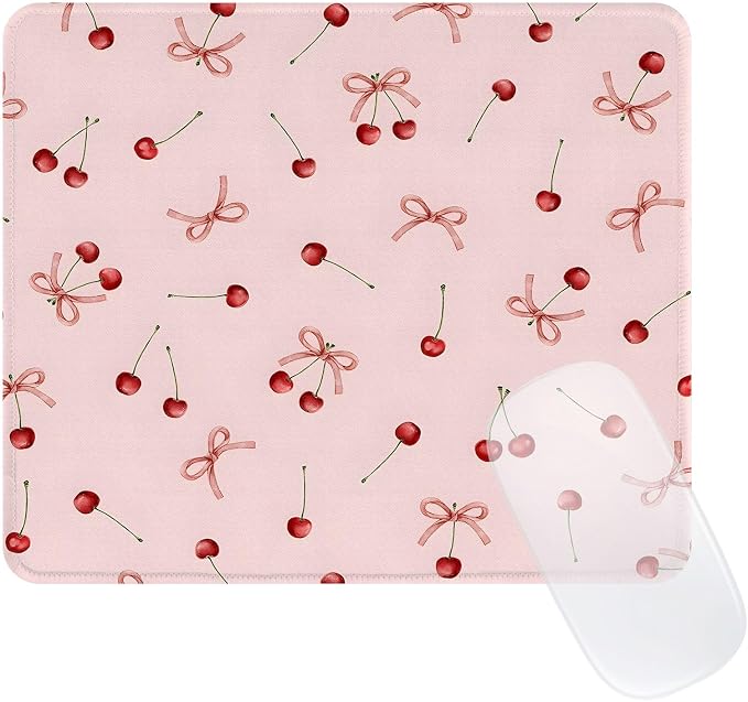 Cute Cherries Mouse Pad, Waterproof Aesthetics Bowsknot Mouse Pads Design, Non-Slip Rubber Base Computer Simple Funny Mousepad,Small Mouse Mat Desk Accessories Office Supplies,Red Cherry Pink