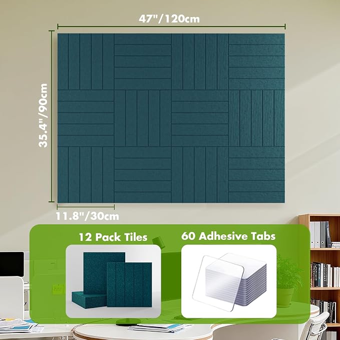 48" x 36" Large Felt Bulletin Board 1/2" Thick, Forest Green | 12 Pack Felt Tiles, Cork Board Alternative, 60 Adhesive Tabs, Pin Board for Home Office Decor with Easy Install