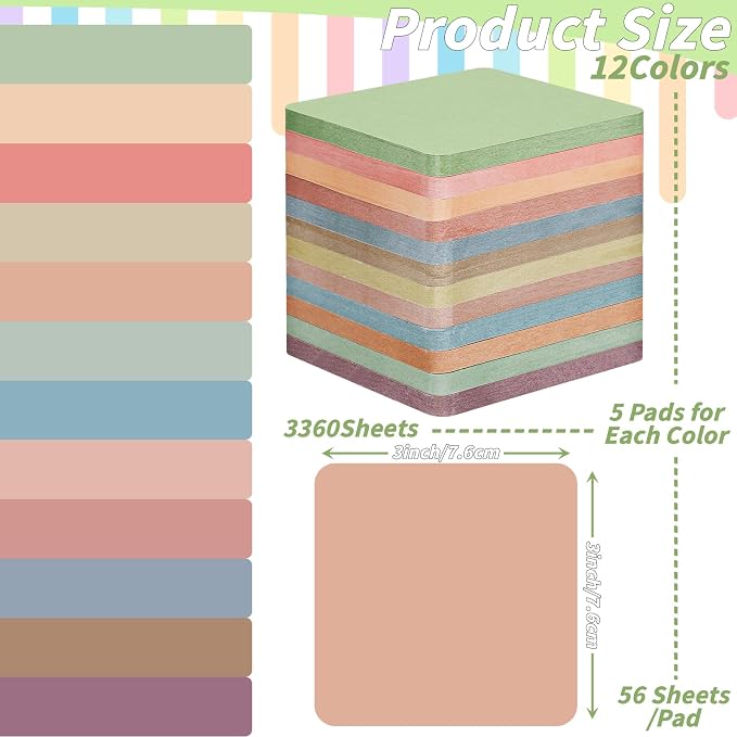 60 Pack Vintage Sticky Notes 3x3 Inch 12 Retro Colors Memo Pads Bulk | 56 Sheets Each, Round Corner Design, Self Adhesive Notes, Office Supplies, Back to School, Teacher, Student, Organization