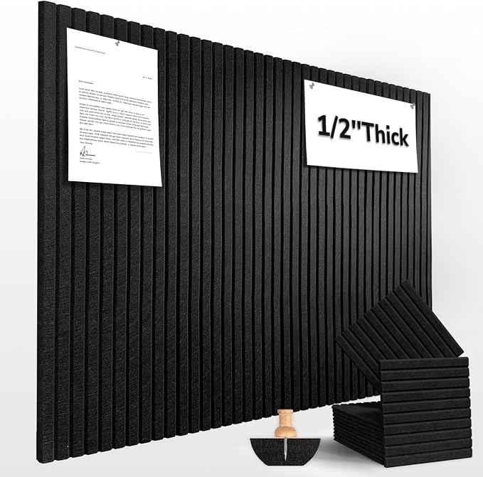 48" x 36" Large Felt Bulletin Board 1/2" Thick, Black | 12 Pack Felt Tiles, Cork Board Alternative, 60 Adhesive Tabs, Pin Board for Home Office Decor with Easy Install