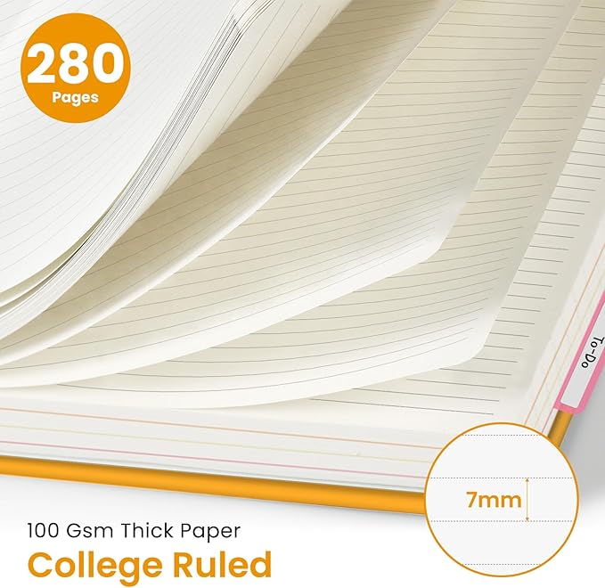 Hardcover Spiral Journal Notebooks for Work With Removable Dividers & Tabs, 8.5"x11" 5 Subject Notebook for Note Taking & Organizer, A4 College Ruled Lined Journal for Women & Writing, Yellow, 280 Pages