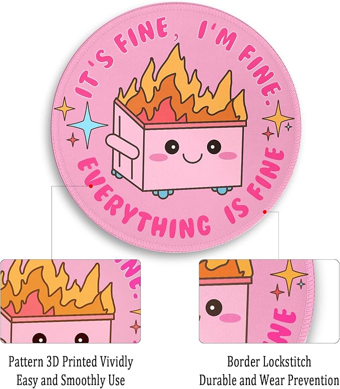 Pink Round Mouse Pad for Desk, Cute Office Decor for Women, Dumpster on Fire Small Mousepad，Stitched Edge Non-Slip Rubber Base, Personalized Computer Mouse Pads for Wireless Mouse，Desk Accessories