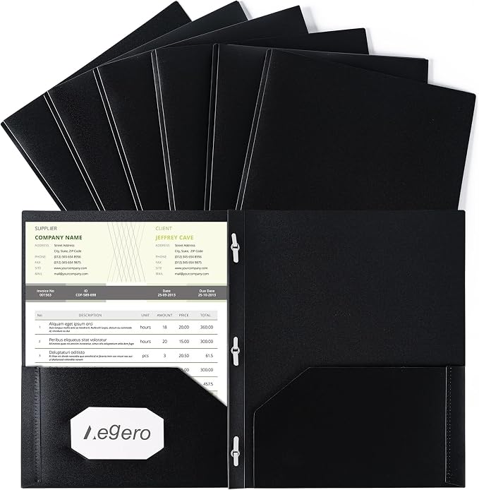 Folders with Pockets and Prong with Fasteners (6 Pack, Black) | Durable Plastic Pocket Folders with Prongs,Tear Resistant,2 Pocket 3 Prong Folders for Schoolwork & Office,Letter Size