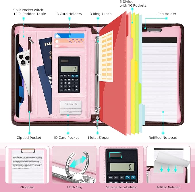 Ospelelf Pink Leather Portfolio Binder 3 Ring, Zippered Clipboard Folder with Storage - 5 Dividers with Pocket, Padfolio for Women,12.1” Tablet Sleeve, Refillable Notepad, Card Slot