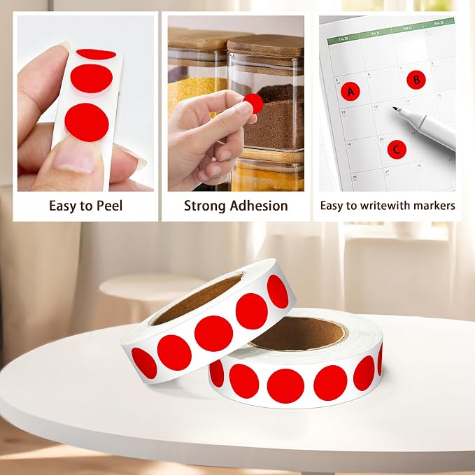 PARLAIM 1/2 Inch Round Permanent Adhesive Color-Code Dot Stickers,4000 Stickers 4RollS dots Label Dispenser Box Red Circle Stickers Labels (Red)